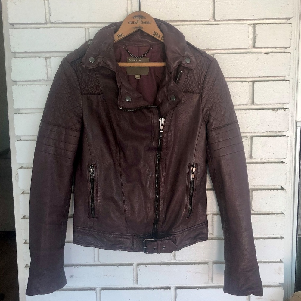 Muubaa Burgundy Leather Moto Jacket